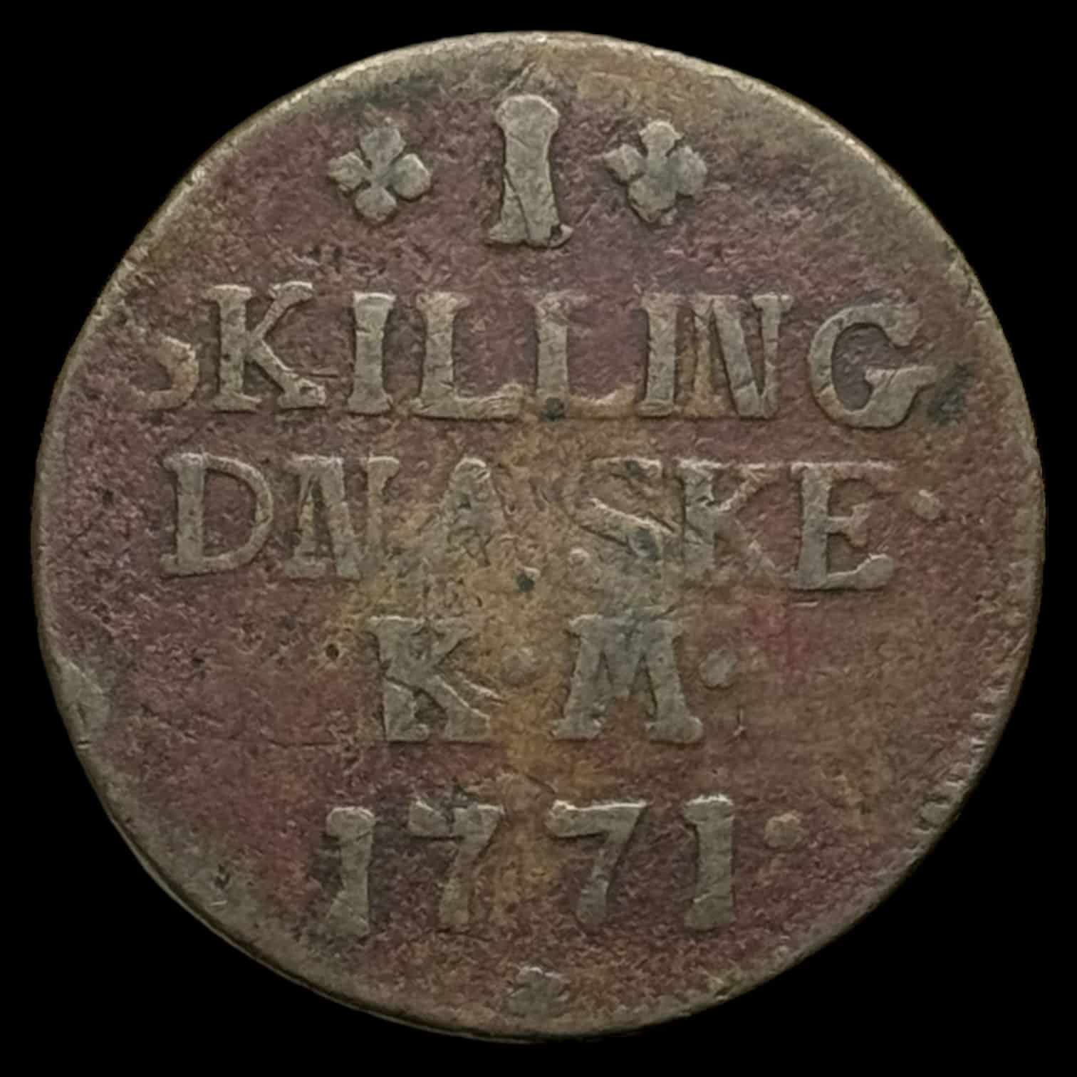 1771 1 skilling Chr.Vll Kva. 1-1+ "stavefejl DNASKE"