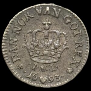 1693, 1 mark, Chr.V, Kva. 1+-01 "Sjælden"