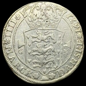 1671, 4 mark / krone, Chr.V, Kva. 1+ "Mysteriekrone"