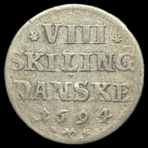 1694, 8 skilling, Chr.V Glückstadt, Kva. 1-1+ "Meget sjælden"