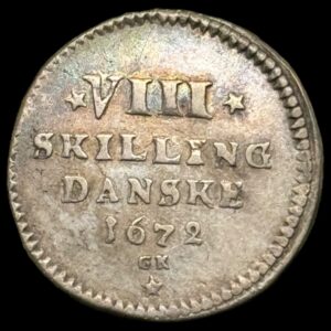 1672, 8 skilling, Chr.lV Kva. 1+ Ex. PHK