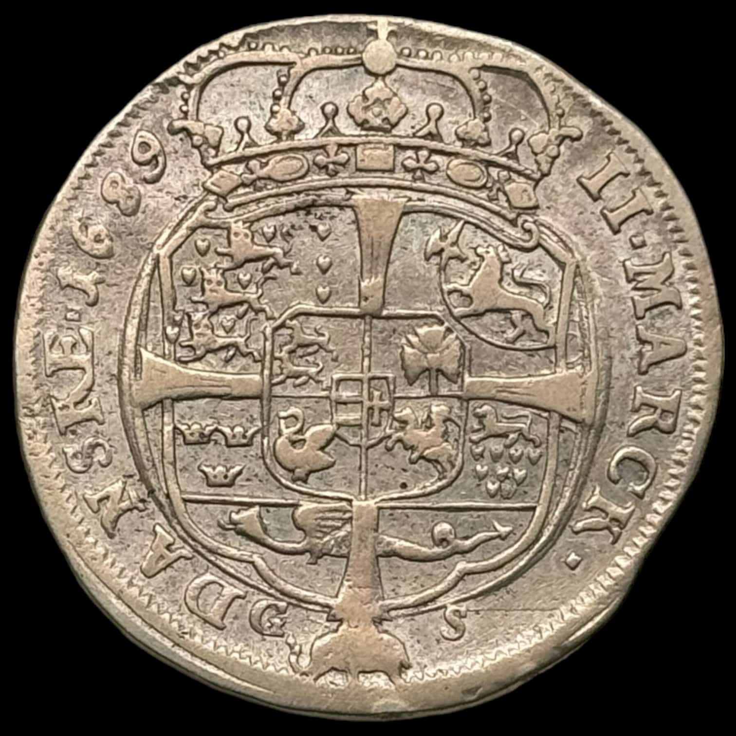 1689, 2 mark, Chr.V, Kva. 1+ Ex.JDK