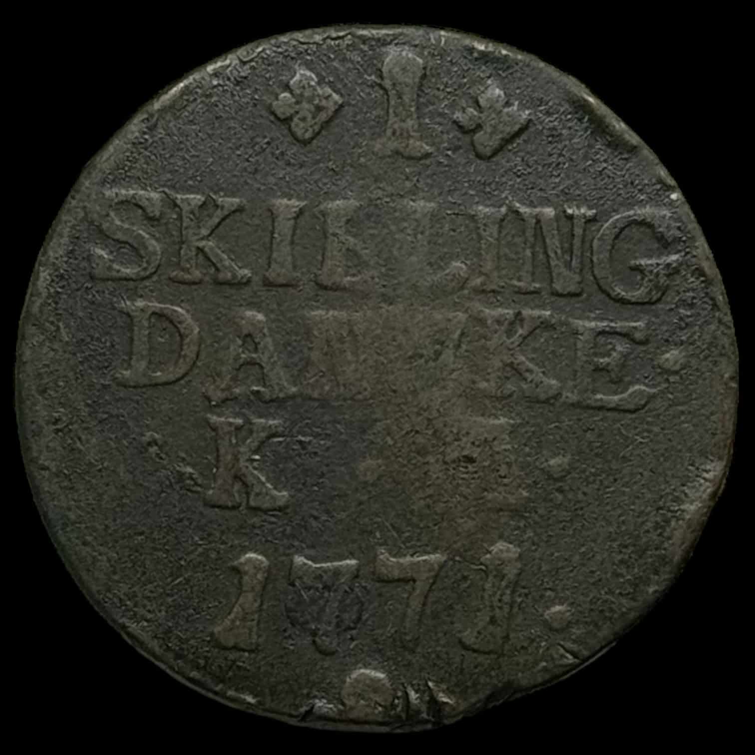 1771 1 skilling Chr.Vll Kva. 1 "stavefejl SKISLING"
