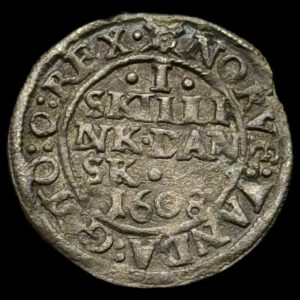 1608 1 skilling Chr.lV Kva. 1+-01 "Meget sjælden"