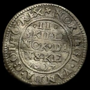 1607 2 skilling Chr.lV Kva. 1-1+ "Sjælden"