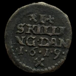 1619 1 skilling Chr.lV Kva. 1-1+ "Meget sjælden"
