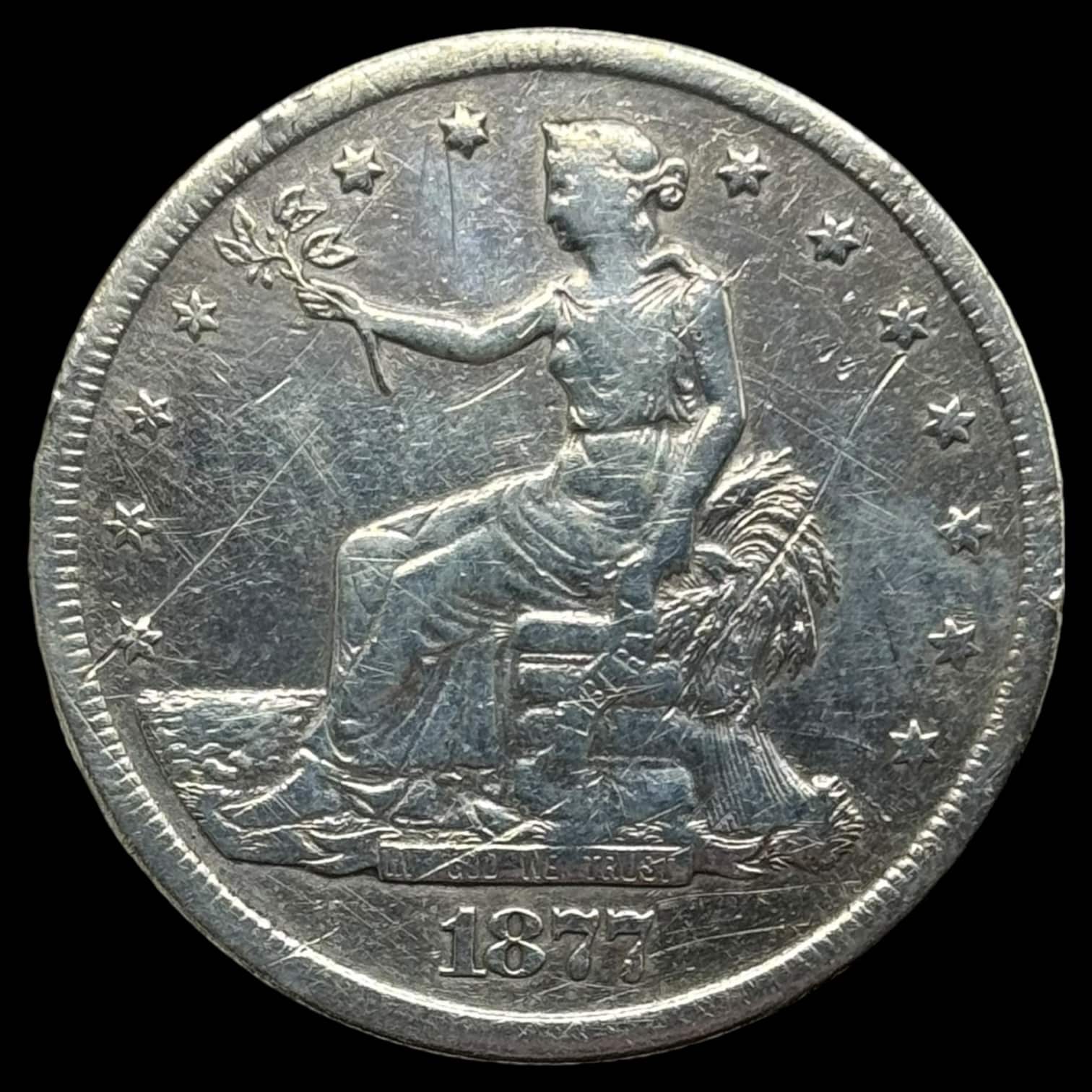 USA, Trade dollar 1877 S, KM 108, Kva. 1-1+ "Renset" Ridser