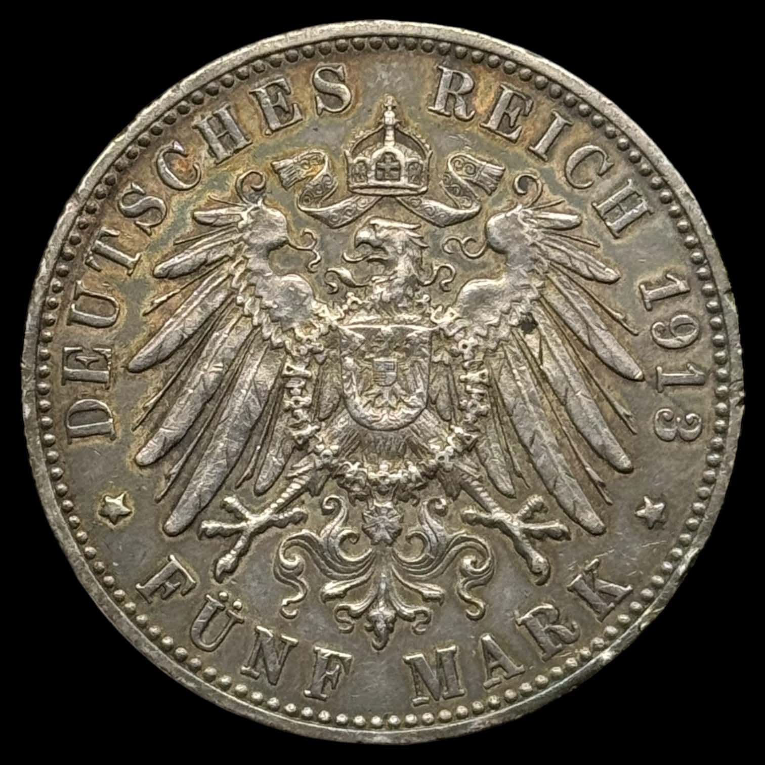 Tyskland, 5 Mark 1913 F Wurttemberg, Kva. 1+