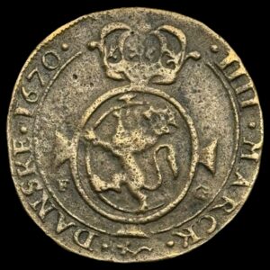 Norge, 4 Mark / Krone 1670 Chr.V, NMD 76A, Hede 41A, Kva. 1-1+ "Samtidsforfalskning / Counterfeit"