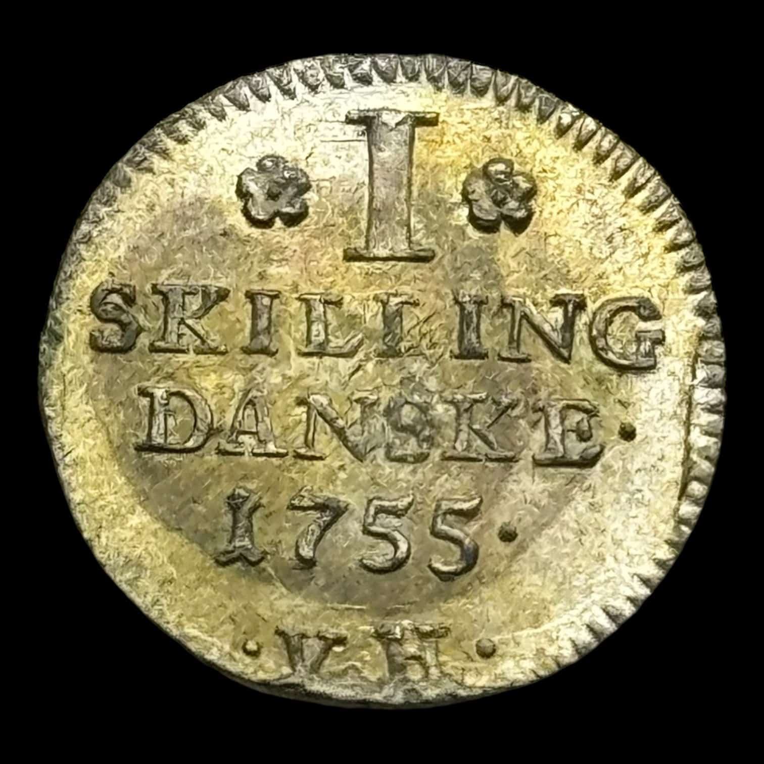 1755, 1 skilling Fre.V, Sieg 2.1 Hede 37A, Kva. 0-01