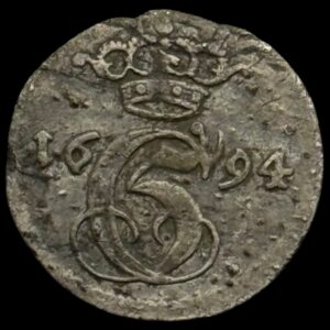 1694 1 skilling, Chr.V, Glückstadt, Sieg 128 Hede 130, Kva. 1+ "Sjælden"