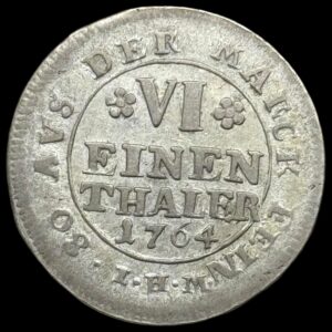 Oldenborg, 1/6 Thaler 1764, Sieg 55.7 H 4D, Kva. 1-1+ "Sjælden"