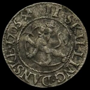 Norge, 2 skilling 1705, Fre.lV, Sieg 2.1 Hede 7A, NM 49, Kva. 1+