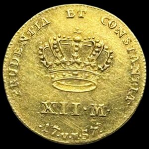 1757 VH, Kurant dukat / 12 mark "Stråledukat", Fre.V, Sieg 20.1 Hede 24A, Kva. 01 "renset"