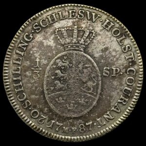 1787 A/MF, 1/3 speciedaler, Chr.VII, Slesvig Holsten, Sieg 43.2 Hede 41B, Kva. 1-1+ "Sjælden"