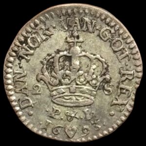 1693, 2 skilling, Chr.V, Sieg 10 Hede 111, Kva. 1+-01