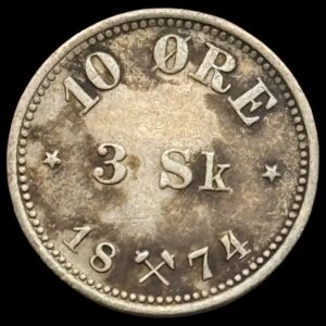 Norge, 10 øre / 3 skilling 1874, Oscar II, Sieg 24 NMD 77, Kva. 1+-01
