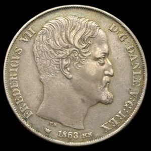 1863/53 RH/VS, 2 Rigsdaler, Fre.VII, Sieg 14.3 Hede 6C, Kva. 1+,fint eksemplar af Hinnerups ualmindelige type