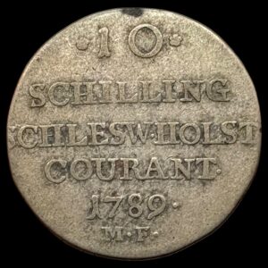 1789, 10 Schilling / 1/6 speciedaler, Slesvig Holsten, Chr.VII, Sieg 42 Hede 42, Kva. 1-1+, Ex. Zinck, Samler etiket medfølger