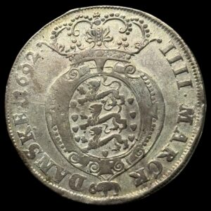 1692, 4 mark / krone, Chr.V, Glückstadt, Sieg 138.1, Hede 125A, Kva. 1+