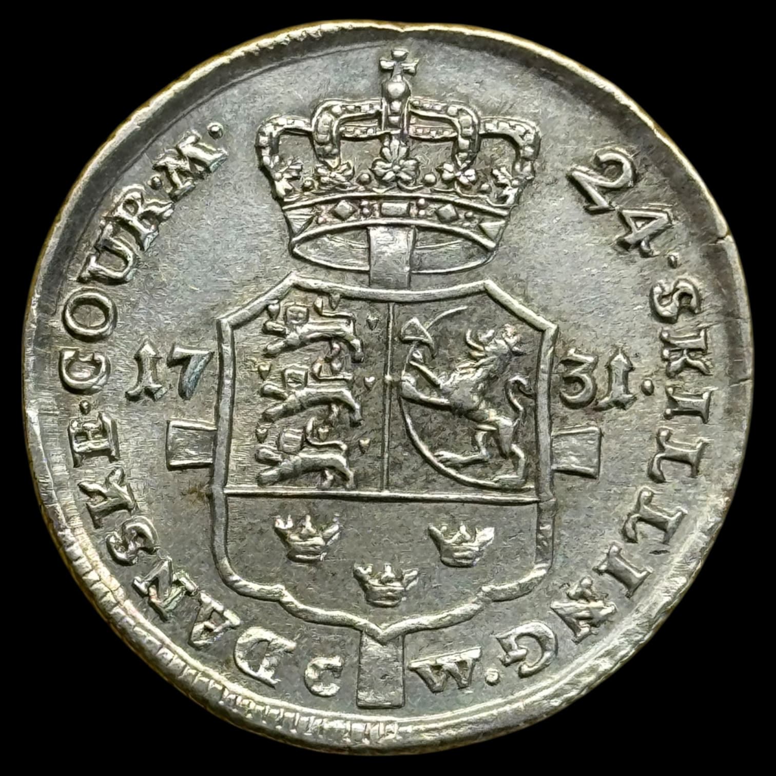1731, 24 skilling, Chr.VI, Sieg 3.2, Hede 6B, Kva. 01 "Dobbeltpræget eksemplar"