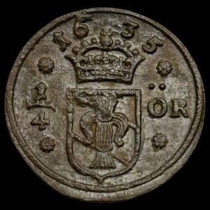 Sverige, 1/4 øre 1635, Kristina 1632-1654, SM 123a, KM 152.2, Kva. 01
