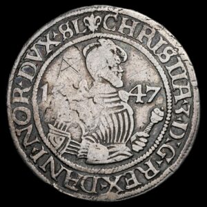 1547, 1/2 sølvgulden, Chr.lll, Sieg 45, Hede 20, Schou 7, Bruun 4323, Kva. 1 "ejermærke" Graderet VF Details OBV Graffiti, Ex: Joh. G. Guildal Collection (Private Sale - 1918) Uhyre sjælden