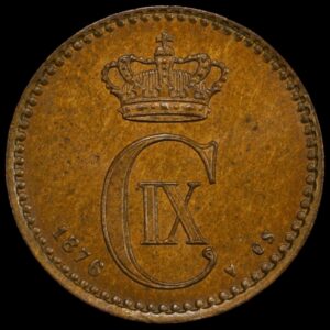 1876, 1 øre, Chr.IX, Sieg 1.1, Hede 19A, Kva. 0 "Medaljeprægskarakter" Graderet MS65BN af PCGS