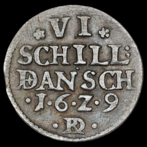 1629, 6 skilling, Chr.IV, Sieg 50.1, Hede 140A, Kva. 1-1+ "Meget sjælden"