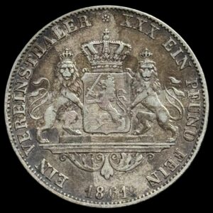 Tyskland, Ein Vereinsthaler 1861, Hessen, Ludwig lll, AKS 120, Jaeg 2 FH 56, KM 338, Kva. 1+