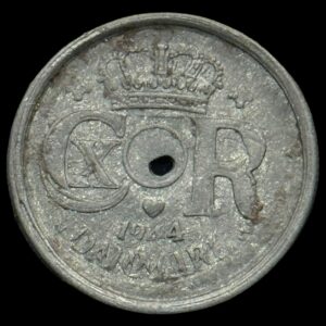 1944, 25 øre, Chr.X, Sieg 4.3, Hede 25, Kva. 1+-01 "Fejlpræg" lille udstanset hul