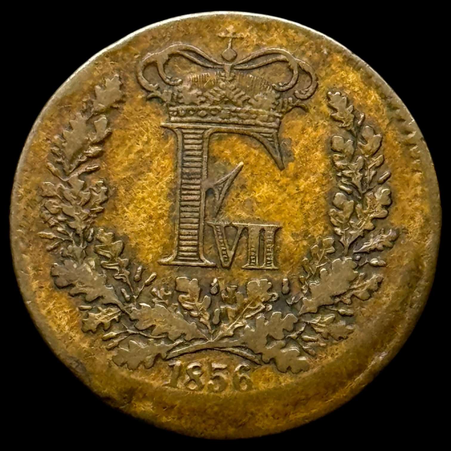 1856, 1 skilling, Fre.VII, Sieg 9.2, Hede 16B, Kva. 1+ "Fejlpræg" Tallerkenpræg