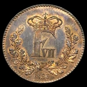 1856, 1 skilling, Fre.VII, Krone som møntmærke, Sieg 9.1, Hede 16A, Kva. Prooflike / Medaljepræg, Prøvemønt