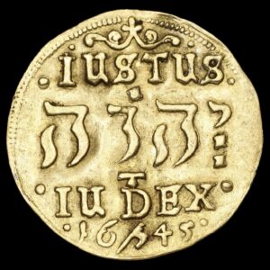 1645, dukat, Chr.IV, “Hebræertype”, H 33, Sieg 128.2, S 6, F 39, 3,43 g, Kva. 1+ "let buklet" Sjælden