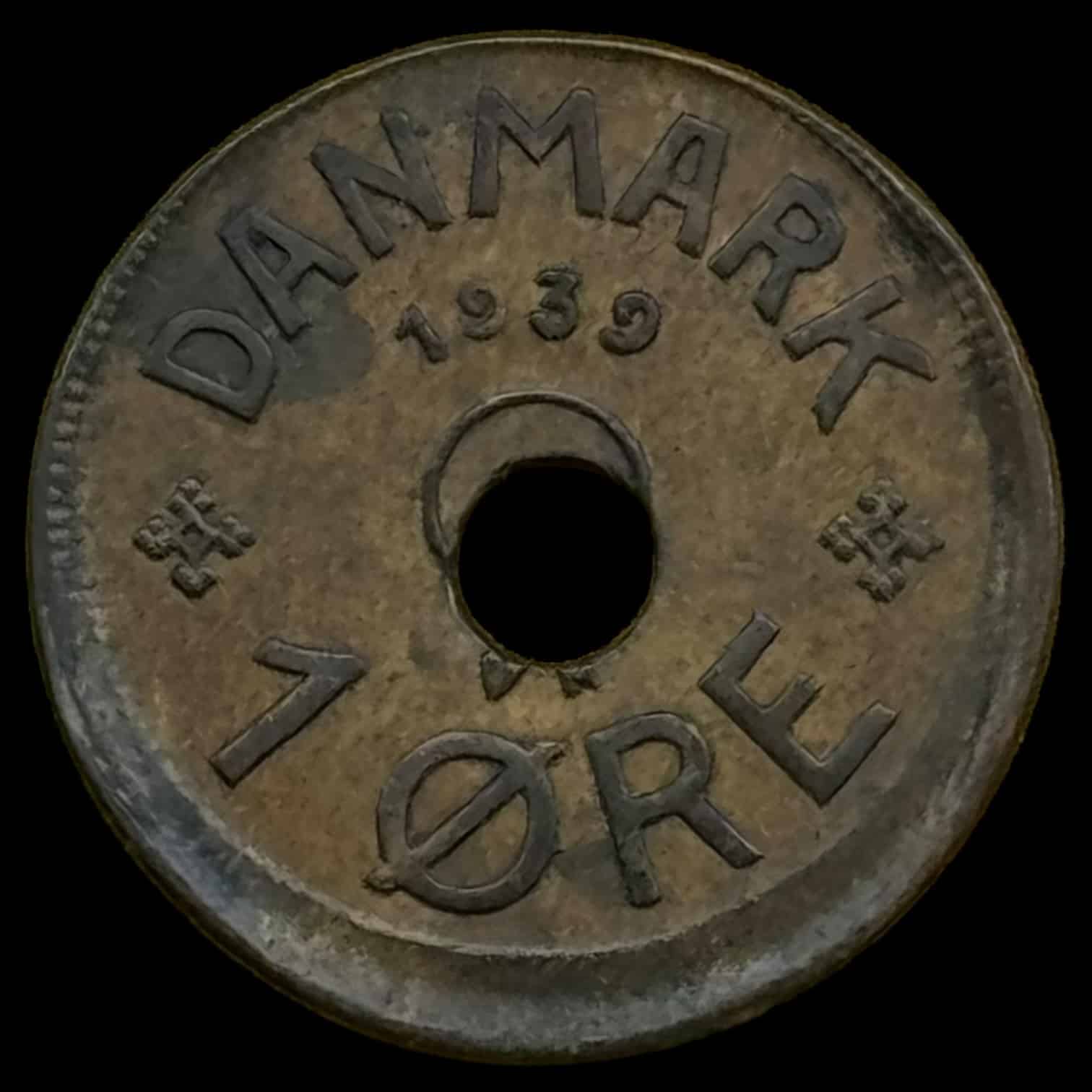 1939, 1 øre, Chr.X, Sieg 4.2, Hede 30B, Kva. 1+ "Fejlpræg" Tallerkenpræg