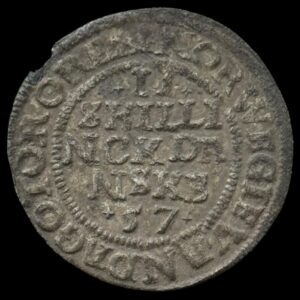 1557, 2 skilling, Chr.lll, Sieg 34, Hede 10, Kva. 1+ "kantmangel, Korroderet"