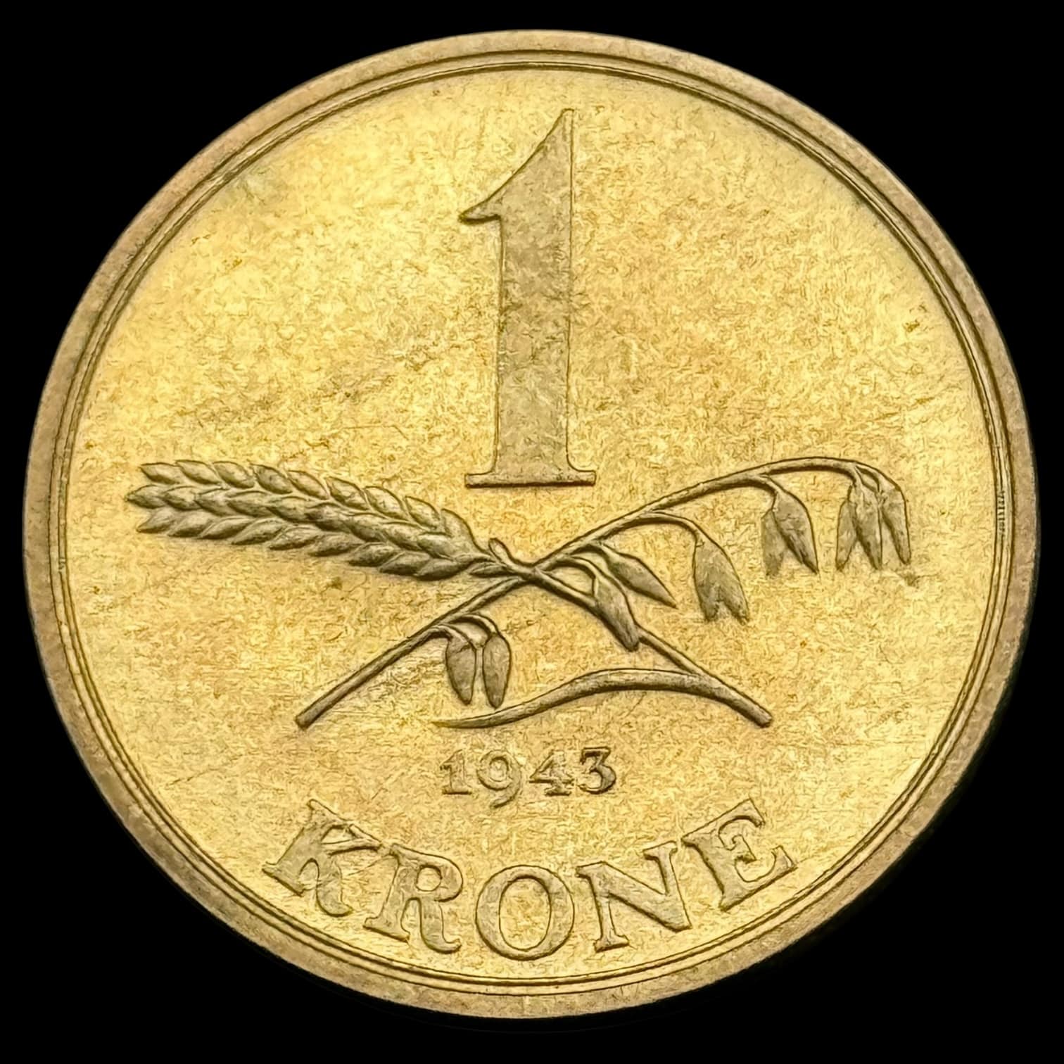 1943, 1 krone, Chr.X, Sieg 4, Hede 23, Kva. M-0 "Medaljepræg" Pragt eksemplar, sjælden i denne fornemme kvalitet