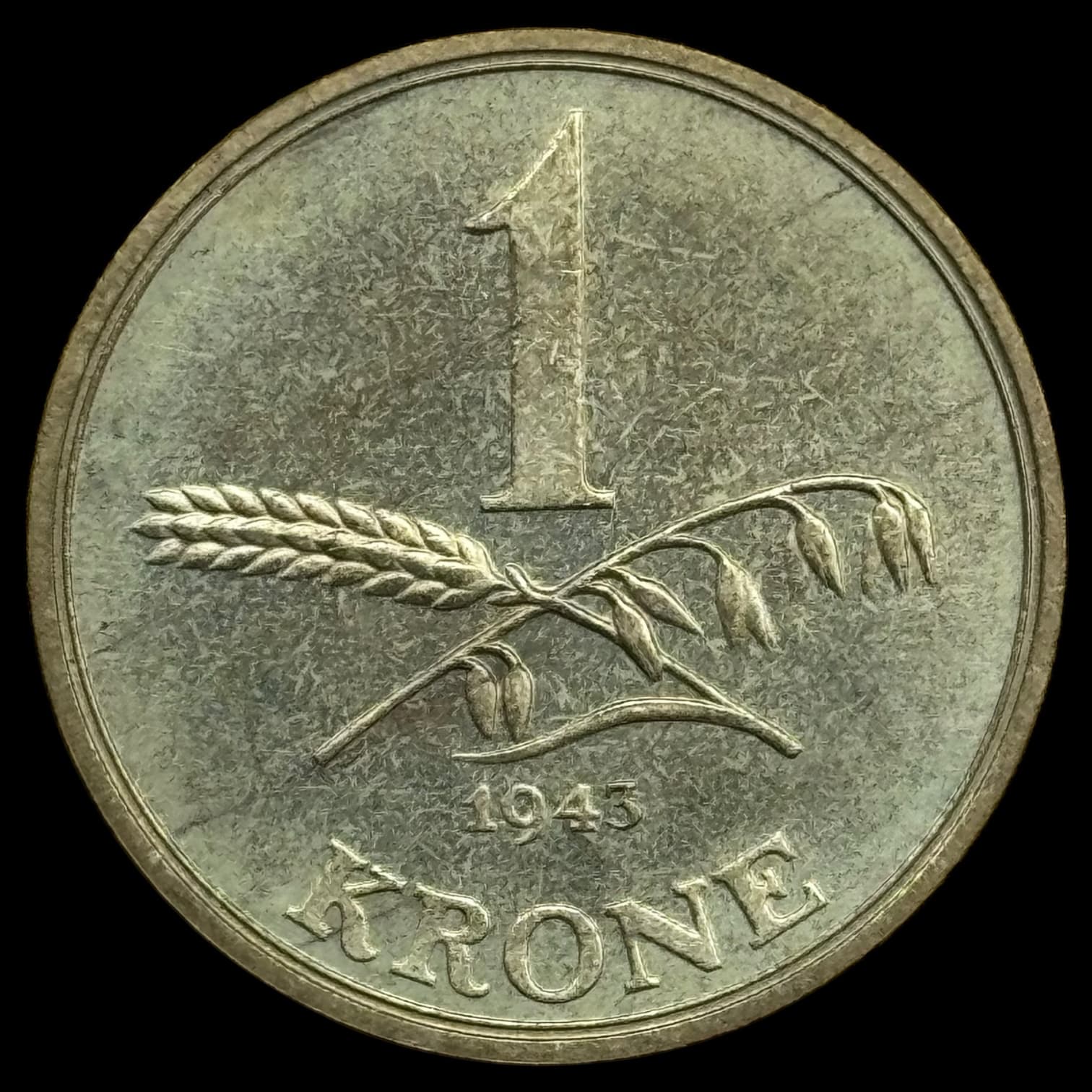 1943, 1 krone, Chr.X, Sieg 4, Hede 23, Kva. M-0 "Medaljepræg" Pragt eksemplar, sjælden i denne fornemme kvalitet - Image 3