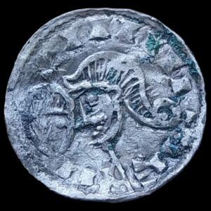 1047-1074, Penning, Svend Estridsen, Viborg, Hbg. 56A var. Kva. 1+-1, sjælden og ikonografisk interessant type med et modvendt hoved foran det profilvendte "kongeportræt"