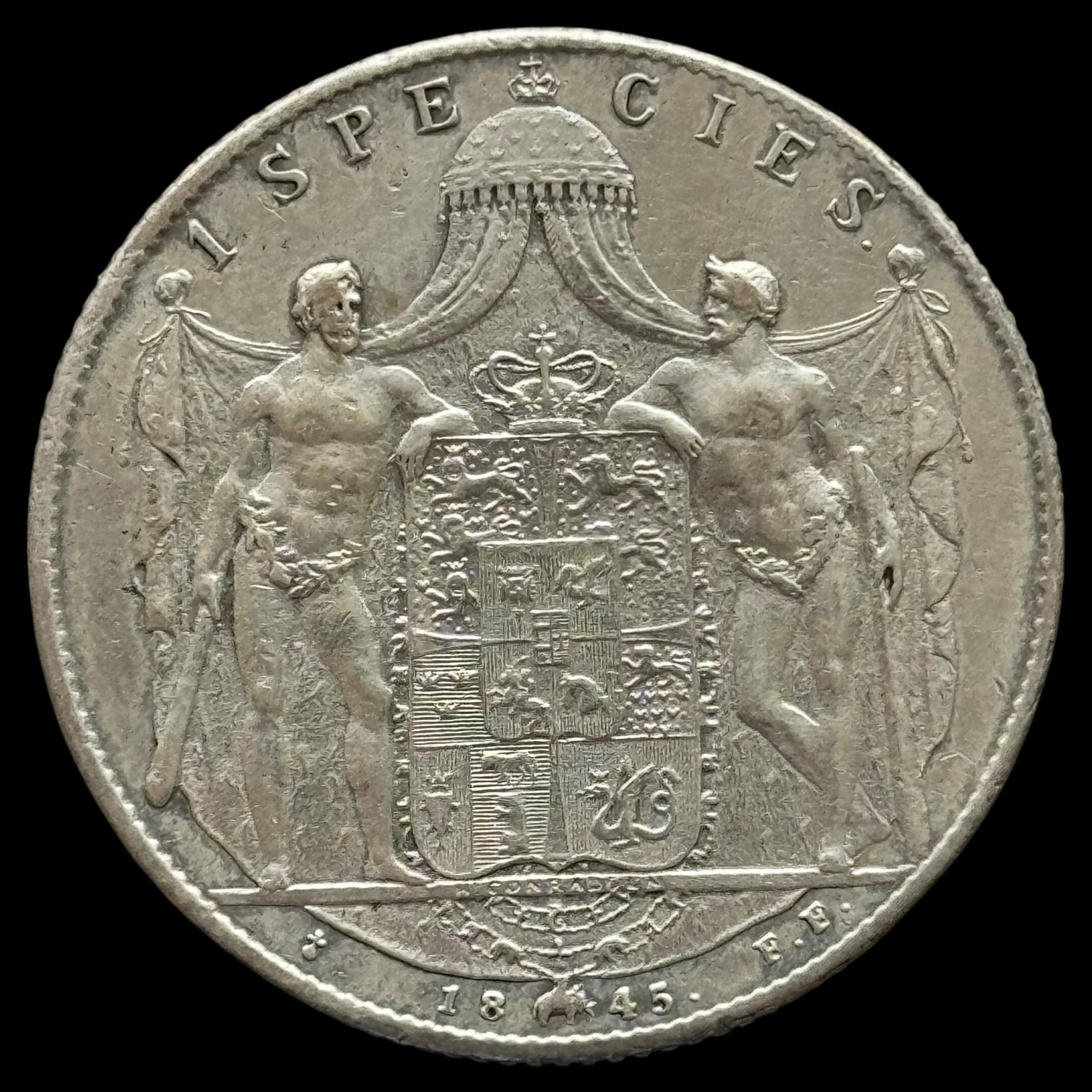 1845 FF, 1 speciedaler, Chr.Vlll, Sieg 13.3, Hede 3C, Kva. 1+ "let renset"