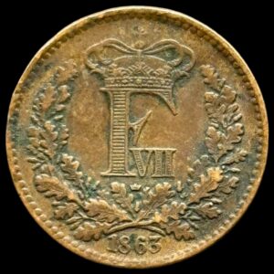 1863, 1 skilling, Fre.VII, omgjort til en spion mønt, Sieg 9.1, Hede 16A, Kva 1-1+ "hul"