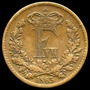 1863, 1 skilling, Fre.VII, omgjort til en spion mønt, Sieg 9.1, Hede 16A, Kva 1-1+