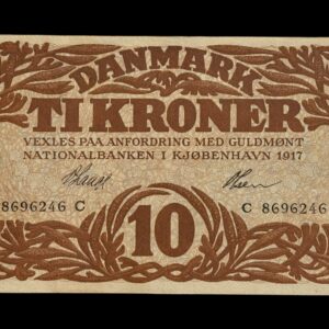 10 kroner 1917 C, V.Lange/Olsen, Nr. 8696246, Sieg 103, Pick 21, DOP 114, Kva. 1+ "Meget Sjælden" "Ukendt underskriftskombination ifølge Sieg"