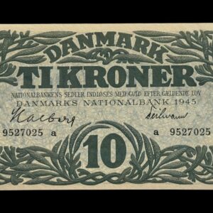 10 kroner 1945 a, Halberg/Teilmann, Nr. 9527025, Sieg 121, Pick 37, DOP 130, Kva. 0