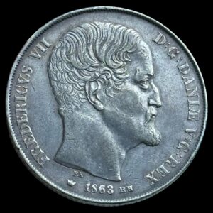 1863/53 RH/VS, 2 Rigsdaler, Fre.VII, Sieg 14.3 Hede 6C, Kva. 1+,fint eksemplar af Hinnerups ualmindelige type