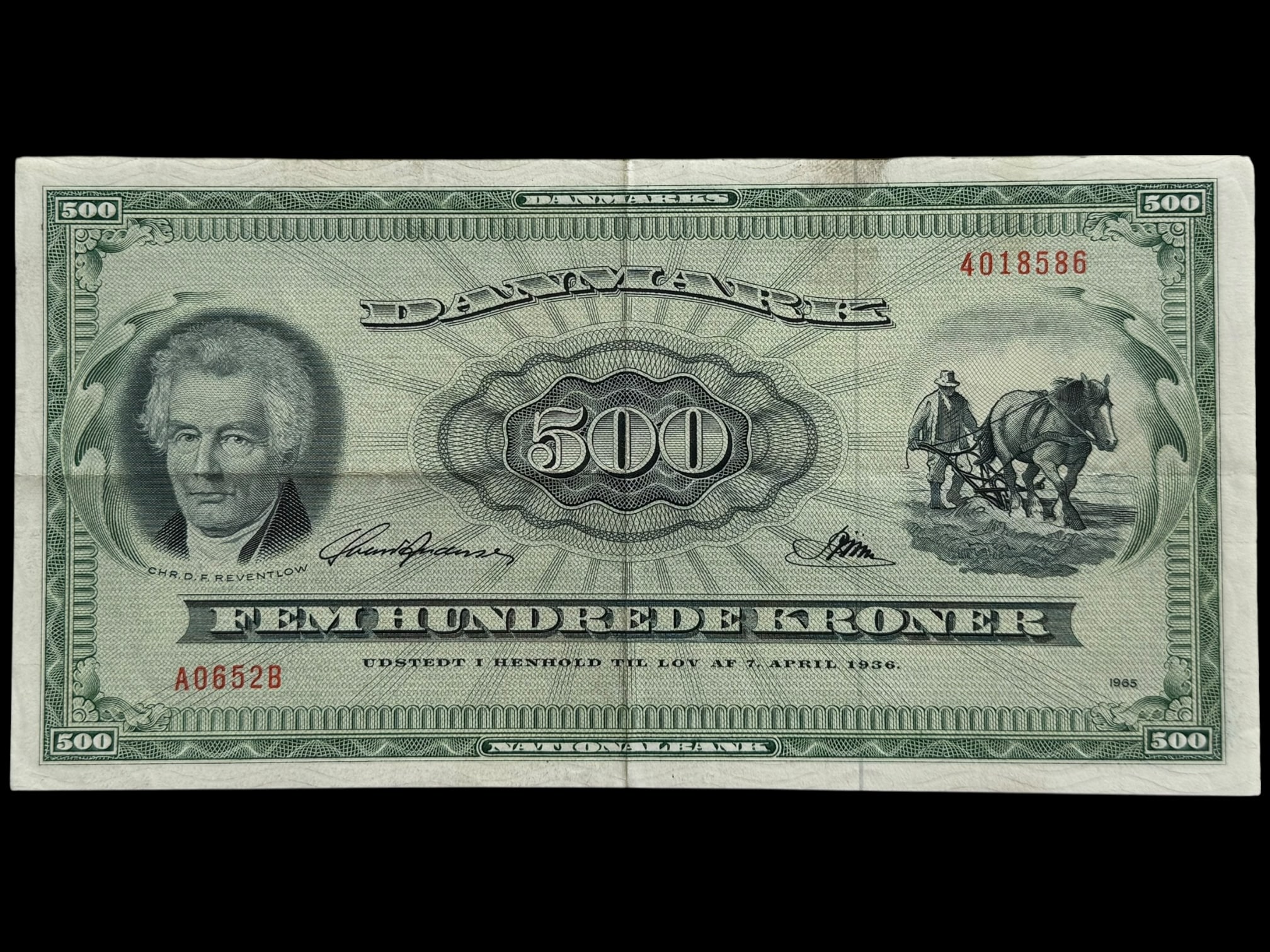 500 kroner 1965 A0, Svend Andersen/Riim, Nr. 4018586, Sieg 138, Pick 47, DOP 147, Kva. 1+