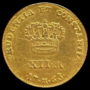 1763 K, 12 mark / Kurant dukat, Fre.V, Stråledukat, Sieg 20.2, Hede 24B, Kva. 1+ "Sjældent årstal"
