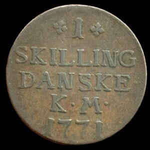1771, 1 skilling, Chr.VII, Sieg 2.1, Hede 37, Kva. 1, interessant stempelskærerfejl med rettet S i DANSKE, Ex. BR online 2211/​5079,