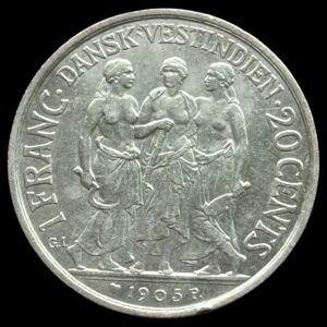 Dansk Vestindien, 1 Franc / 20 cents 1905, Chr.IX, Sieg 29, Hede 32, KM 79, Kva. 1+-01