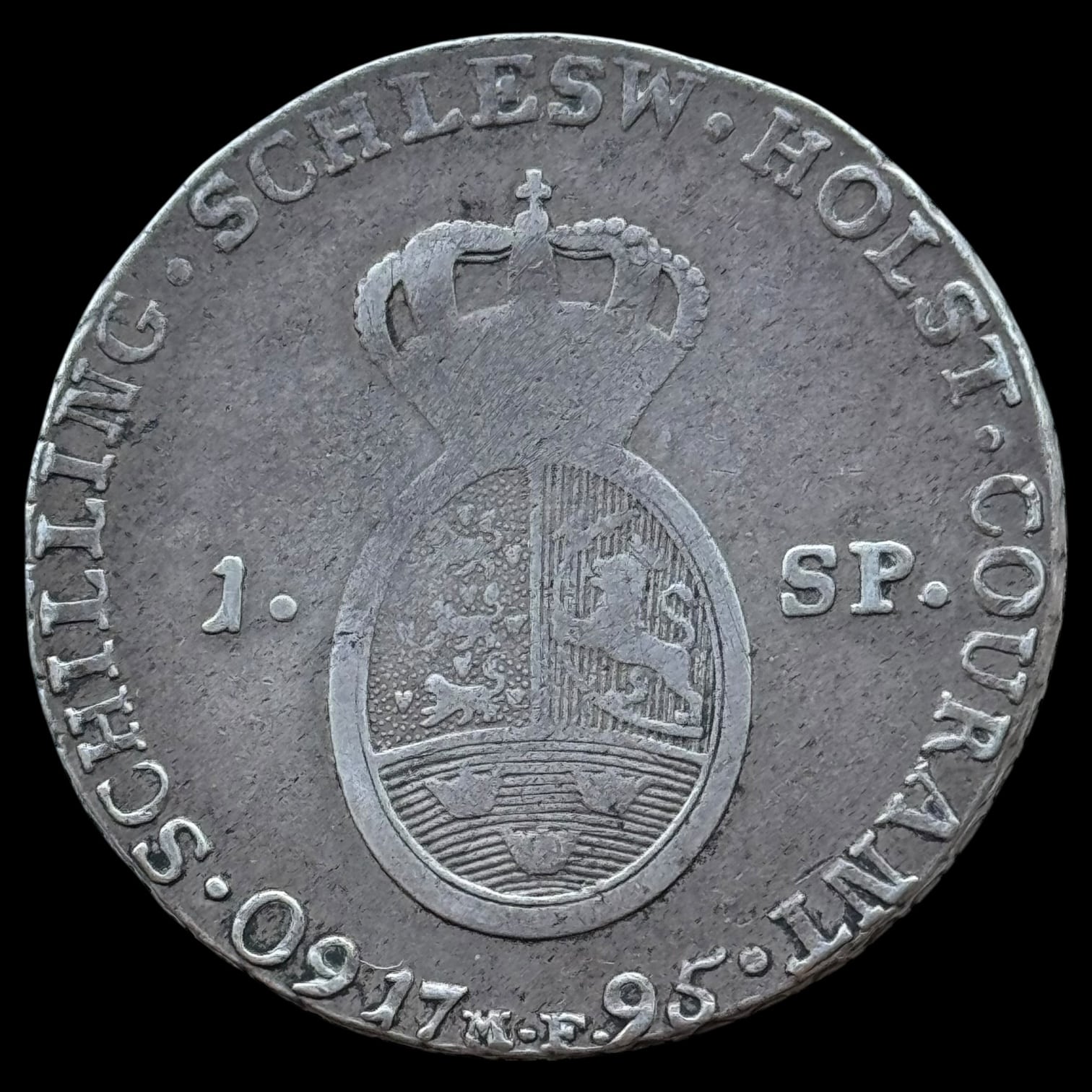 1795 MF, speciedaler, Slesvig-Holsten, Chr.VII, Sieg 45.1, Hede 39A, Kva. 1-1+ "Fladpræg i kronen"